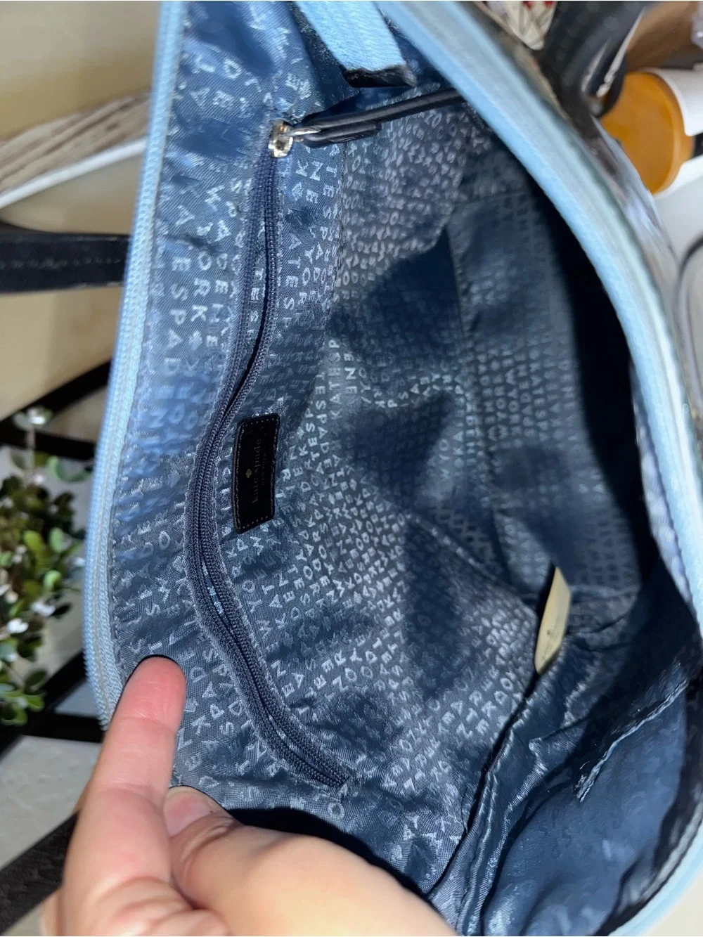kate spade Glitter Tote in Light Blue with Black Trim
